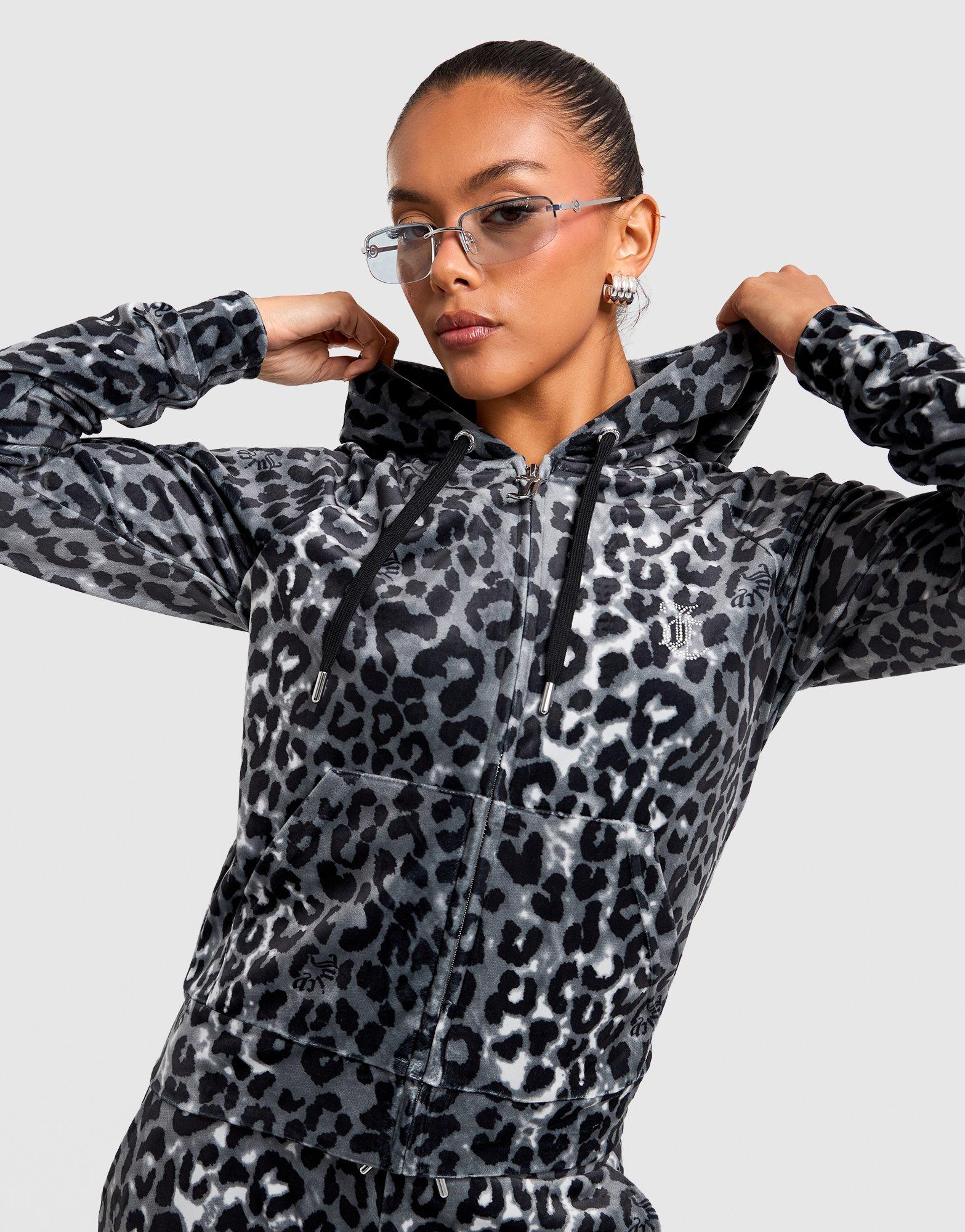 Session Leopard Layered Velour Hoodie 初期 Black Juicy Couture Leopard Velour Hoodie - JD Sports Australia