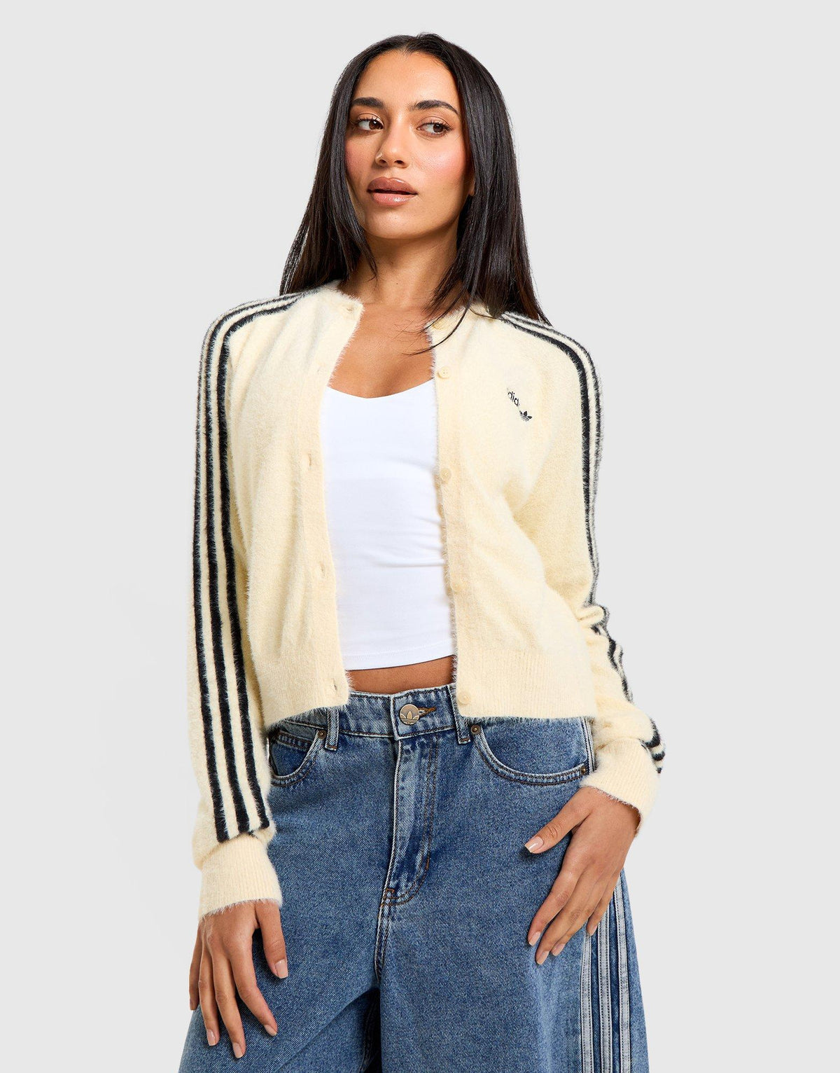 Fluffy Knit 3-Stripes Cardigan